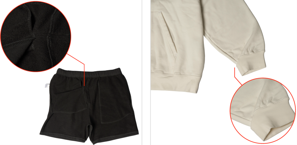 SNKRDUNK official quality guide for Japan streetwear and apparel, brand-new apparel: Seam misalignment, outside standard (NG) official example