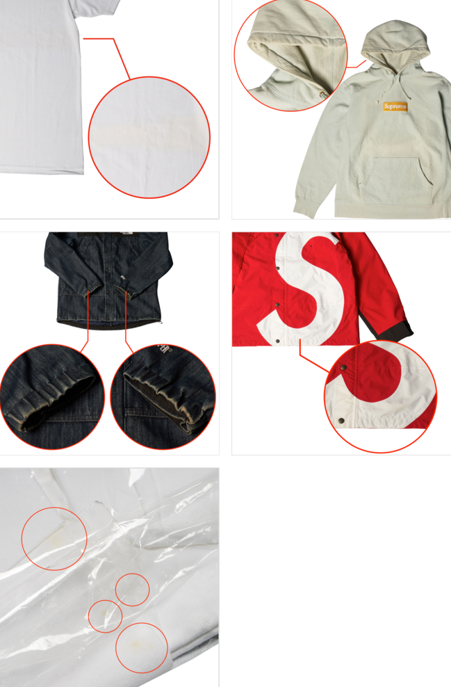SNKRDUNK official quality guide for Japan streetwear and apparel, brand-new apparel: Color variation and discoloration, outside standard (NG) official example