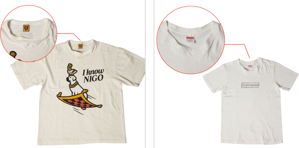 SNKRDUNK official quality guide for Japan streetwear and apparel, brand-new apparel: Stretched, sagging necklines (from long-term hanger storage etc.), outside standard (NG) official example