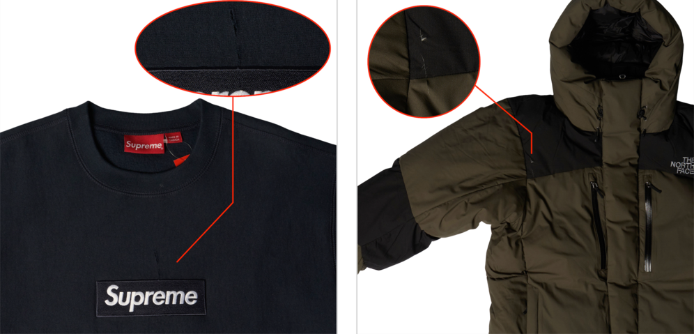 SNKRDUNK official quality guide for Japan streetwear and apparel, brand-new apparel: Cracks or damage that would not occur through authorized channels, outside standard (NG) official example