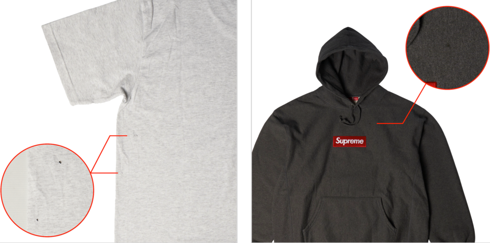 SNKRDUNK official quality guide for Japan streetwear and apparel, brand-new apparel: Holes that differ from the design (including manufacturing defects and insect damage), outside standard (NG) official example