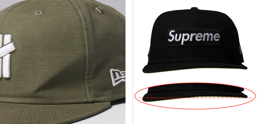 SNKRDUNK official quality guide for Japan streetwear and apparel, brand-new apparel: Caps: wide deformation (the kind a shaping cardboard insert would prevent), outside standard (NG) official example