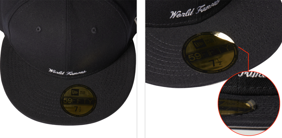 SNKRDUNK official quality guide for Japan streetwear and apparel, brand-new apparel: Caps: re-stuck brim sticker marks or creases, outside standard (NG) official example