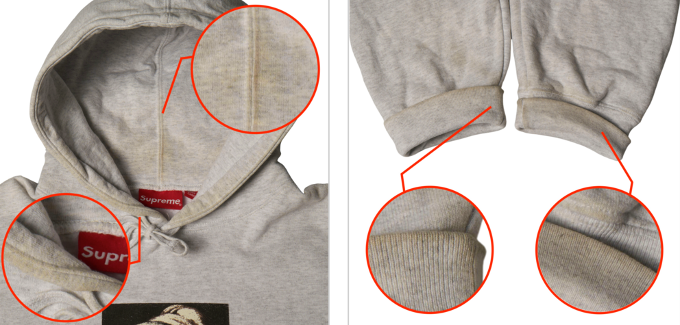SNKRDUNK official quality guide for Japan pre-owned apparel, condition grade Scuffs and stains, official example: Strong yellowing or darkening, clearly visible over a wide area