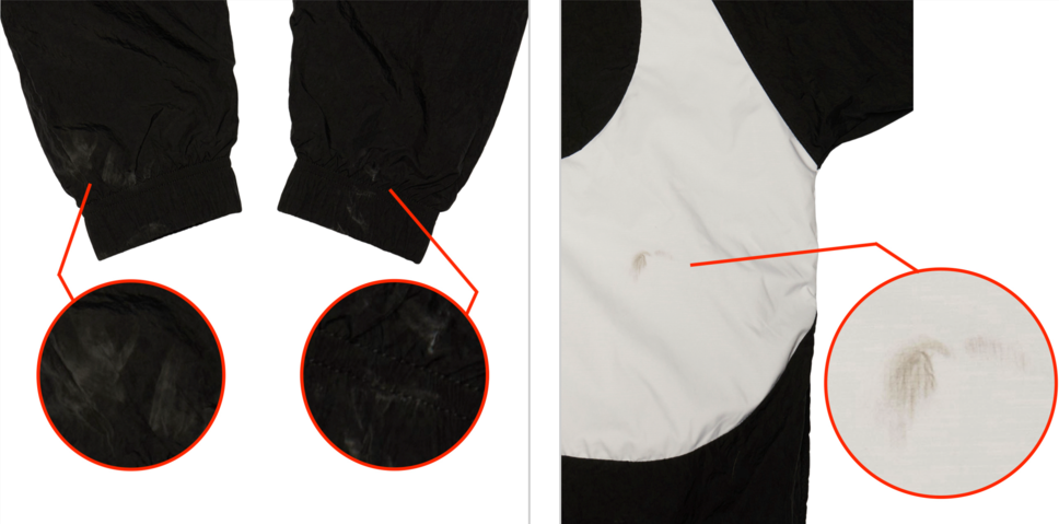 SNKRDUNK official quality guide for Japan pre-owned apparel, condition grade Scuffs and stains, official example: Large stains from wear