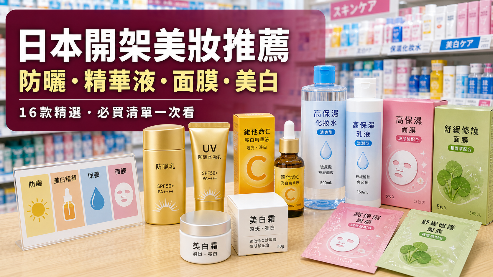 2026日本開架美妝推薦 防曬・美白精華・化妝水乳液・面膜 日本藥妝店美妝保養品陳列